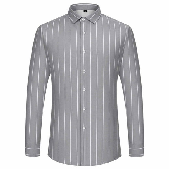 LNWUY (M-5XL) Plus Size Men's Casual Stylish Vertical Striped Shirt Long Sleeve Button Down Shirt Regular Fit Business Dress Shirts Gray L
