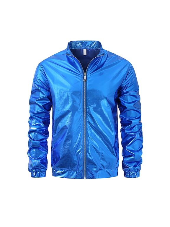 (M-5XL) Plus Size Men's Metallic Jacket 70s Disco Party Varsity Jacket Zip-up Pocket Stand Collar Long Sleeve Jackets Blue XXL