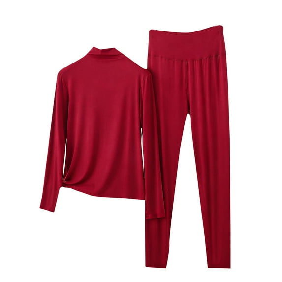 LNWUY (M-5XL) Plus Size Women's Fashion High-Neck Long-Sleeve Pants Solid Color Casual Spring Fall Modal Pajama Set Red XXXXL