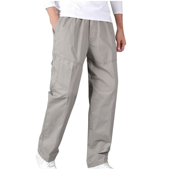 LNWUY (M-6XL)Big and Tall Men's Cargo Pants Work Drawstring Cotton Casual Pant Hiking Elastic Waist Straight Lightweight Trousers Gray XL