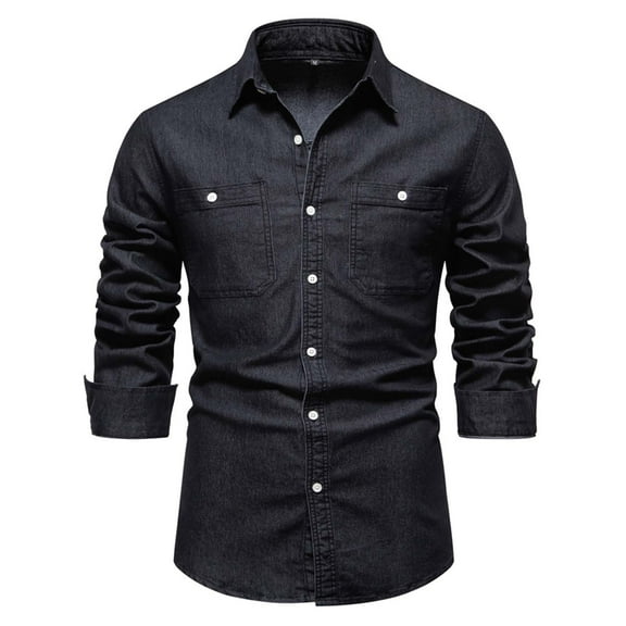 LNWUY Man Fashion Solid Color Lapel Button Shirts Long Sleeve Cotton Outdoor Casual Comfortable Shirt with Pockets Black M