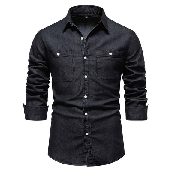 LNWUY Man Fashion Solid Color Lapel Button Shirts Long Sleeve Cotton Outdoor Casual Comfortable Shirt with Pockets Black XL