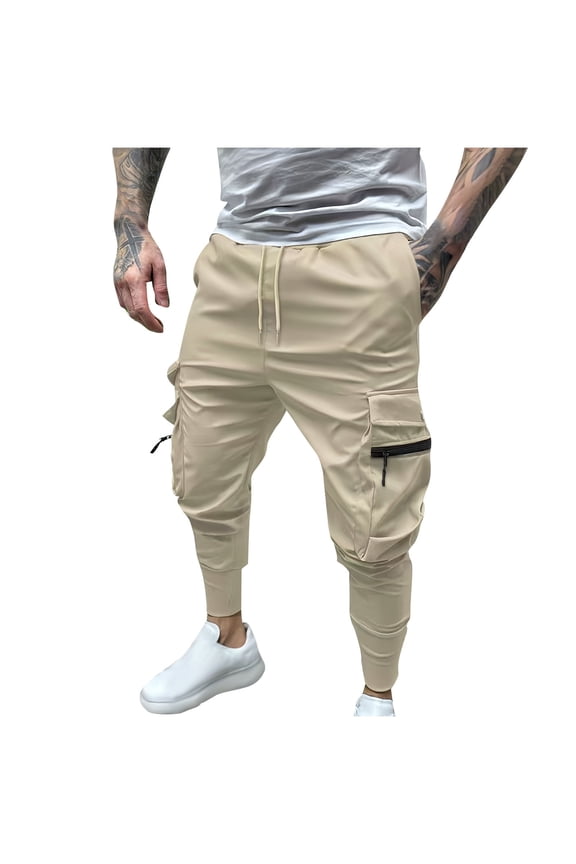 Men Elastic Zipper Multiple Pockets Foot Binding Cargo Pants Side Big Pockets Solid Outdoor Work Hiking Climbing Train Travel Athletic Pants Khaki M