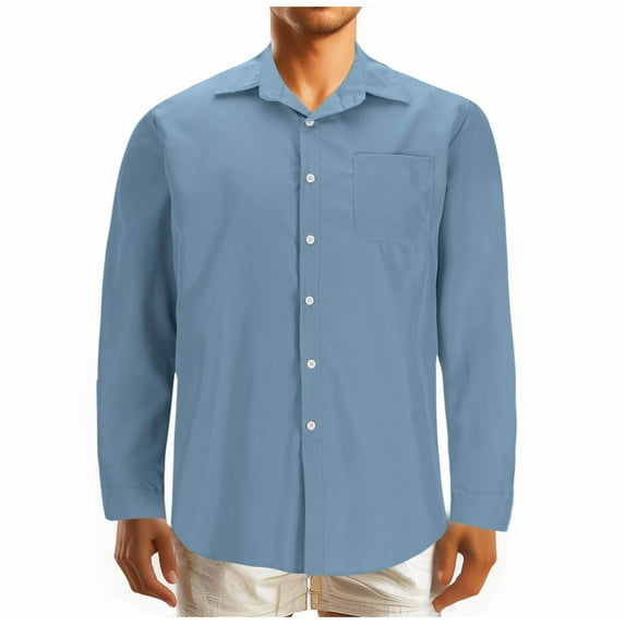 LNWUY Men Fashion Casual Solid Color Shirts Comfortable Breathable Cotton Button Down Shirt Long Sleeve Lapel Shirts with Pocket Sky Blue M