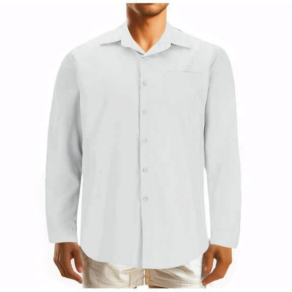 LNWUY Men Fashion Casual Solid Color Shirts Comfortable Breathable Cotton Button Down Shirt Long Sleeve Lapel Shirts with Pocket White XL