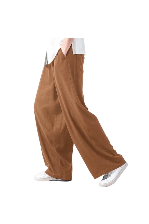 Men Solid Color Casual Wide Leg Pants with Pockets Outdoor Loose Fit Fitness Pants Cargo Pants Trousers Brown XXXL