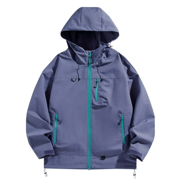LNWUY Men Women Solid Color Windproof Waterproof Zipper Pocket Drawstring Hooded Jacket Long Sleeve Hooded Casual Jacket Purple S
