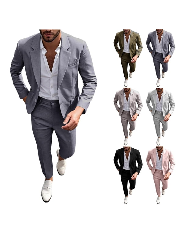 Men's 2 Pieces Banquet Dress Set, Open Front Long Sleeve Blazer and Straight Suit Pants Business Casual Outfits Gray L