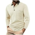 thumbnail image 1 of LNWUY Men's Autumn and Winter Shirts Cotton Long Sleeve Button Up T-shirt Classic Casual Golf Collar Tee with Pocket Beige M, 1 of 7