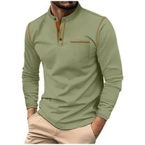 LNWUY Men's Autumn and Winter Shirts Cotton Long Sleeve Henley Shirt Classic Casual Golf Collar Tee with Pocket Green L