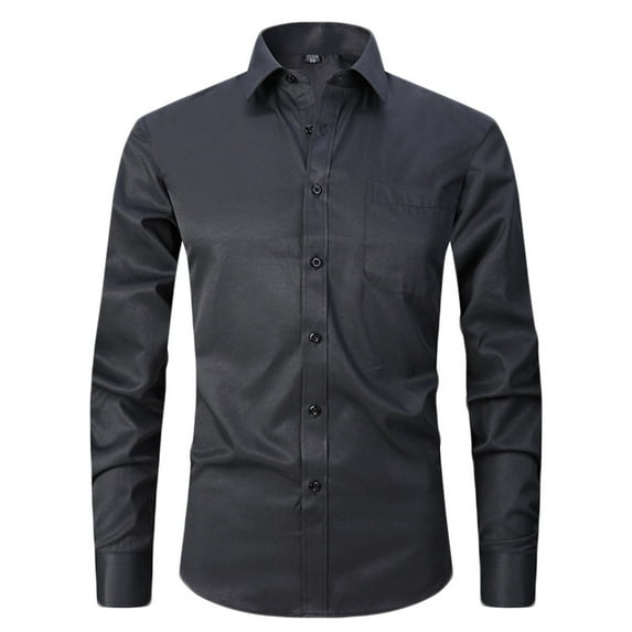 LNWUY Men's Big and Tall Dress Shirts Long Sleeve Wrinkle-Free Stretch Shirts Solid Formal Lapel Button Down Shirt with Pocket Black M