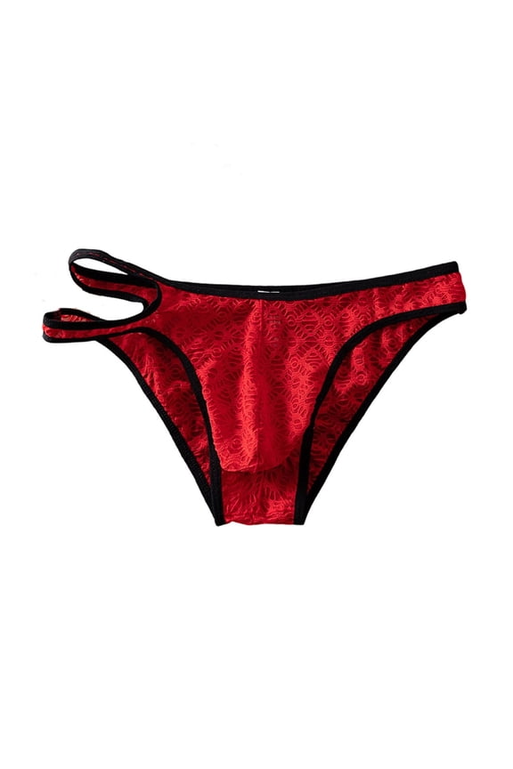 Men's Brief Underwear Lace See Through Underpants Jacquard Mesh Breathable Low Waist U Convex Pouch Underpants Red M