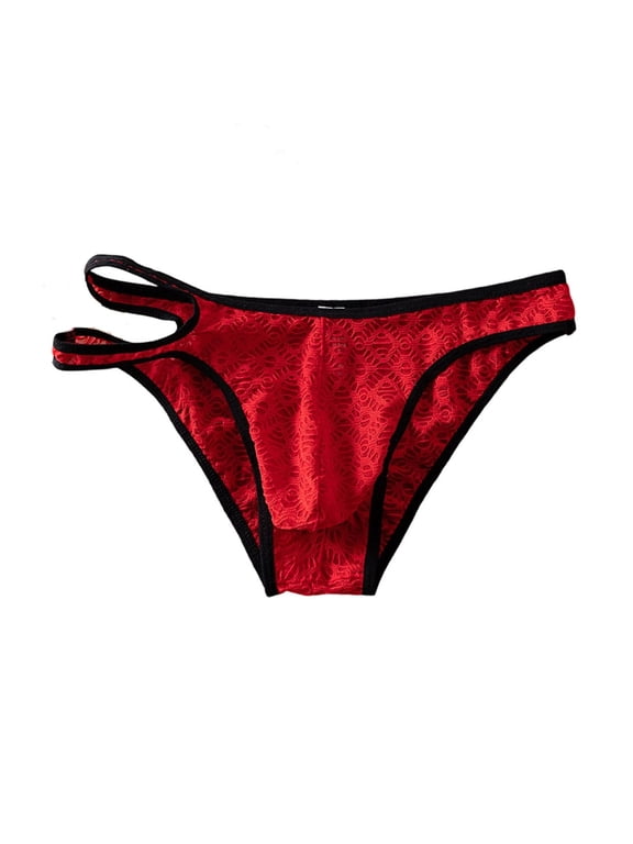 Men's Brief Underwear Lace See Through Underpants Jacquard Mesh Breathable Low Waist U Convex Pouch Underpants Red XXL