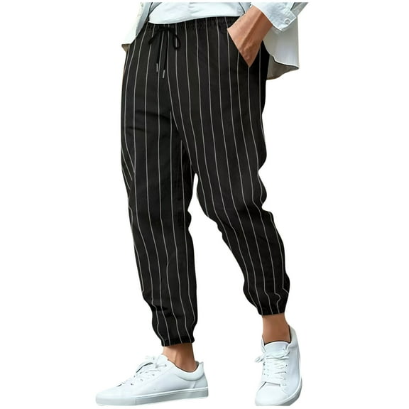 LNWUY Men's Business Work Suit Long Trousers Casual Striped Printed Pants Elastic Waistband Drawstring Breathable Pocket Pants Black XXXL