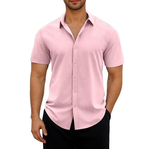 LNWUY Men's Button Down Shirts Short Sleeve Soft Comfortable Breathable Casual Fashion Summer Beach Shirts Vacation Wedding Shirts Pink S