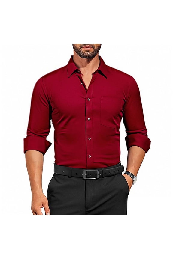 Men's Button-Down Stretch Wrinkle-Resistant Long Sleeve Non-Iron Blouse Shirt Top Business Casual Collared Shirts Red XXL