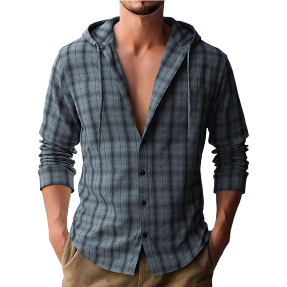 LNWUY Men's Button Plaid Long Sleeve Shirt Jacket Casual Fashion Lapel Shirt Men's Fall Winter Fashion Hooded Tops Blue XL