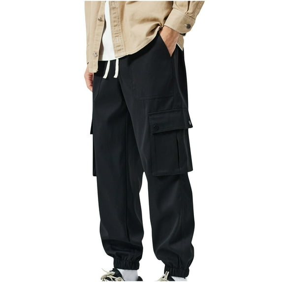 LNWUY Men's Cargo Pants Big and Tall Drawstring-Waist Hiking Workout Baggy Joggers Trousers Casual Fashion Outdoor Sweatpants Black L