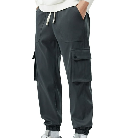 LNWUY Men's Cargo Pants Big and Tall Drawstring-Waist Hiking Workout Baggy Joggers Trousers Casual Fashion Outdoor Sweatpants Dark Gray M