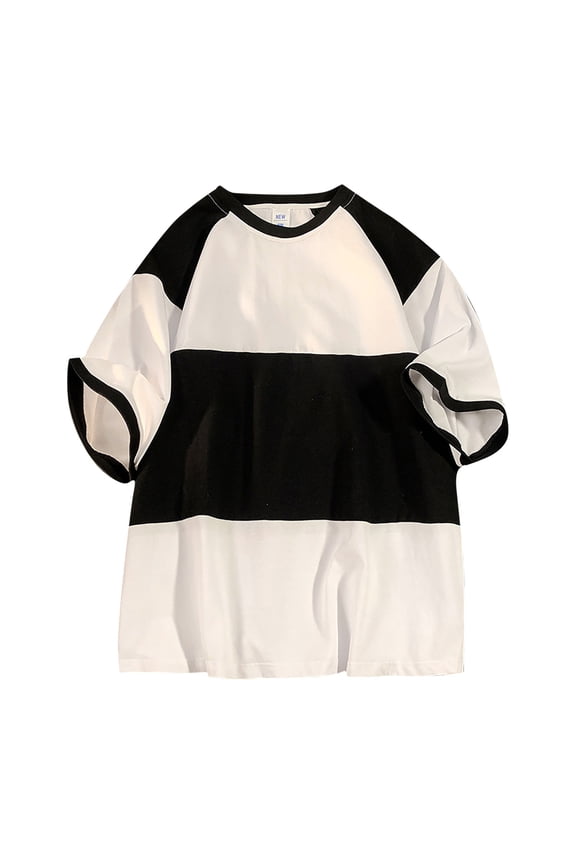 Men's Casual Fashion Color Block Shirts Casual Short Sleeves Summer Basic Loose Comfort Breathable Crew Neck Tee Tops Black L