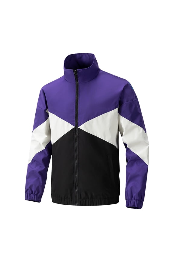 Men's Casual Fashion Colorblock Sherpa Jacket Long Sleeve Full-Zip Teddy Coat Retro Style Fleece Shacket with Pockets Purple M
