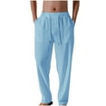 thumbnail image 1 of LNWUY Men's Casual Linen Pants Solid Color Elastic Waist Drawstring Pants Lightweight Breathable Loose Fit Trousers Blue L, 1 of 5