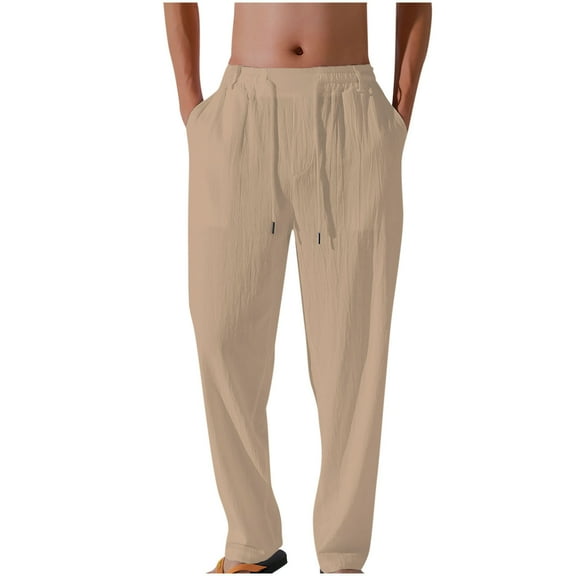LNWUY Men's Casual Linen Pants Solid Color Elastic Waist Drawstring Pants Lightweight Breathable Loose Fit Trousers Yellow XXL