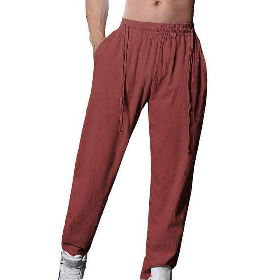 LNWUY Men's Casual Linen Tapered Jogger Sweatpants Drawstring Elastic Waist Athletic Active Pants Lightweight Gym Training Pants Wine XL