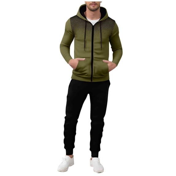 LNWUY Men's Casual Loose Sport Polka Dot Printed Pocket Zipper Drawstring Long Pants Long Sleeve Hooded Sweatshirt Set Green M