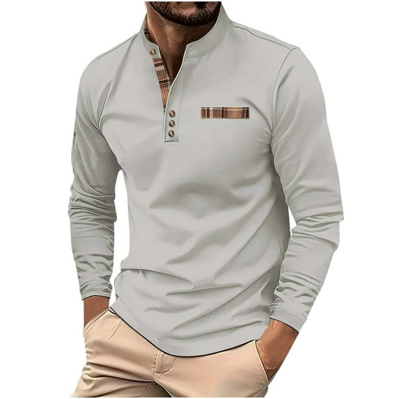 LNWUY Men's Casual Shirts Classic Long Sleeve Basic Button T-Shirt Color Block Lightweight Cotton Golf Tops with Pocket Gray S