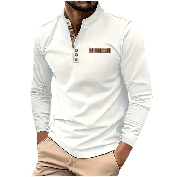 LNWUY Men's Casual Shirts Classic Long Sleeve Basic Button T-Shirt Color Block Lightweight Cotton Golf Tops with Pocket White M
