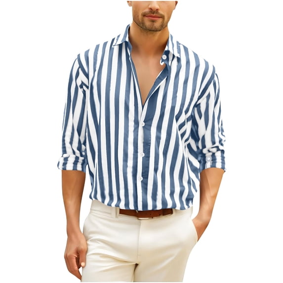 LNWUY Men's Casual Stylish Long Sleeve Button-Up Striped Dress Shirts Comfort Breathable Cotton Business Work Shirt Blue XXL