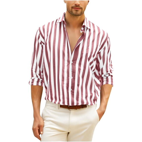 LNWUY Men's Casual Stylish Long Sleeve Button-Up Striped Dress Shirts Comfort Breathable Cotton Business Work Shirt Pink XXL