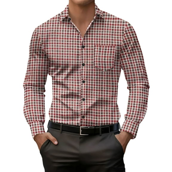 LNWUY Men's Classic Fit Dress Shirts Long Sleeve Plaid Cotton Button-Down Shirt Wrinkle-Free Business Casual Blouse Red L