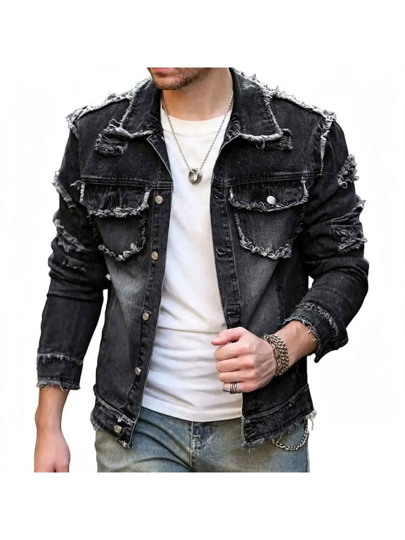 Men's Classic Ripped Denim Jacket Distressed Trendy Streetwear Zip Up Casual Men's Solid Color Jacket Top Black XXL