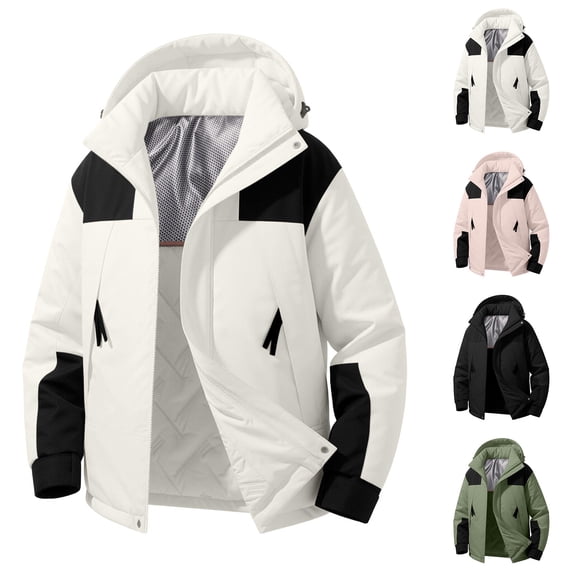LNWUY Men's Color Block Puffer Jacket Plus Size Detachable Hood Windproof Waterproof Multi Zip Pockets Winter Warm Coat Outerwear White XXXXXL