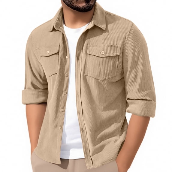 LNWUY Men's Corduroy Button Down Shirts Jackets Casual Long Sleeve Shacket Lightweight Overshirts Pockets Windproof Jacket Beige XXL