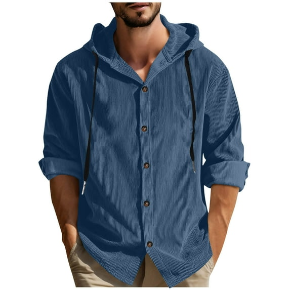 LNWUY Men's Corduroy Shirt Jackets Long Sleeve Button Down Casual Stylish Hooded Shacket Jacket Drawstring Comfy Shirts Blue M