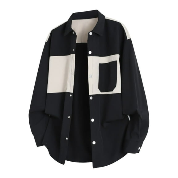 LNWUY Men's Corduroy Shirt Long Sleeved Turndown Collar Pocket Button Shirts Lightweight Comfort Colorblock Tops Black XXL