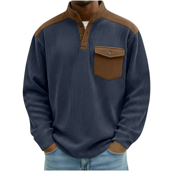LNWUY Men's Corduroy Shirts Casual Knited Long Sleeve Stand Collar Pullovers Color Block Fashion Henley Shirt with Pocket Blue XL