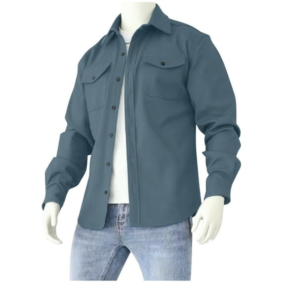 LNWUY Men's Cotton Button Down Shirts Jacket Lightweight Shirt with Pockrts Long Sleeve Work Coat Solid Color Overshirt Blue S
