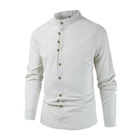 LNWUY Men's Cotton Linen Shirt Long Sleeve Lapel Button Down Shirt Solid Color Casual Beach Sports Style Tops Shirt Beige XL