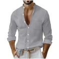 thumbnail image 1 of LNWUY Men's Cotton Linen Shirts Long Sleeve Casual Solid Color Button Down Shirt Band Collar Beach Shirts with Pocket Gray L, 1 of 8
