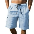 thumbnail image 1 of LNWUY Men's Cotton Linen Solid Color Casual Fashion Drawstring Elastic Waist Straight Leg Breathable Daily Beach Five-Quarter Pants Light Blue XXXL, 1 of 7