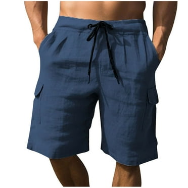 LNWUY Men's Cotton Linen Solid Color Casual Fashion Drawstring Elastic Waist Straight Leg Breathable Daily Beach Five-Quarter Pants Navy L