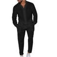 thumbnail image 1 of LNWUY Men's Cotton Linen Solid Leisurewear 2 Piece Set Fashion Long Sleeve Band Collar Regular Fit Button Down Shirts and Pants Black L, 1 of 3