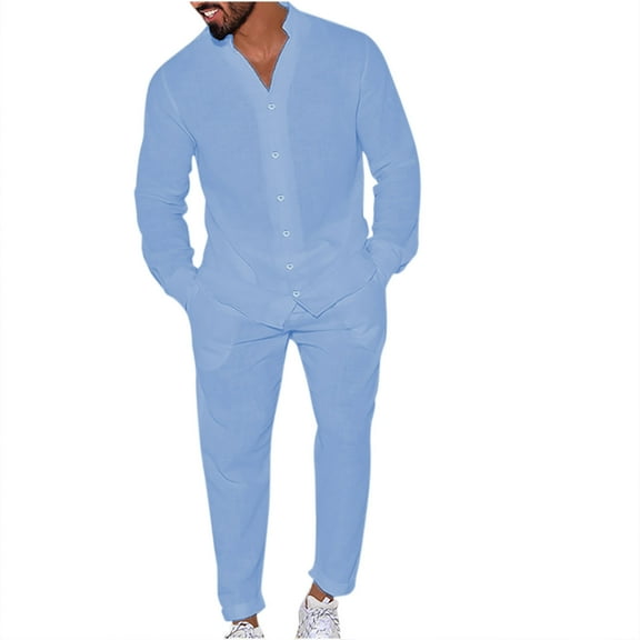 LNWUY Men's Cotton Linen Solid Leisurewear 2 Piece Set Fashion Long Sleeve Band Collar Regular Fit Button Down Shirts and Pants Sky Blue M