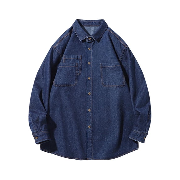 LNWUY Men's Cotton Shirts Long Sleeve Casual Solid Color Formal Shirt Spring Loose Turn-Down Collar Tops with Pocket Blue XXL