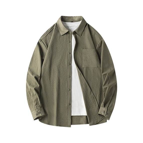 LNWUY Men's Cotton Shirts Long Sleeve Casual Solid Color Formal Shirt Spring Loose Turn-Down Collar Tops with Pocket Green XL