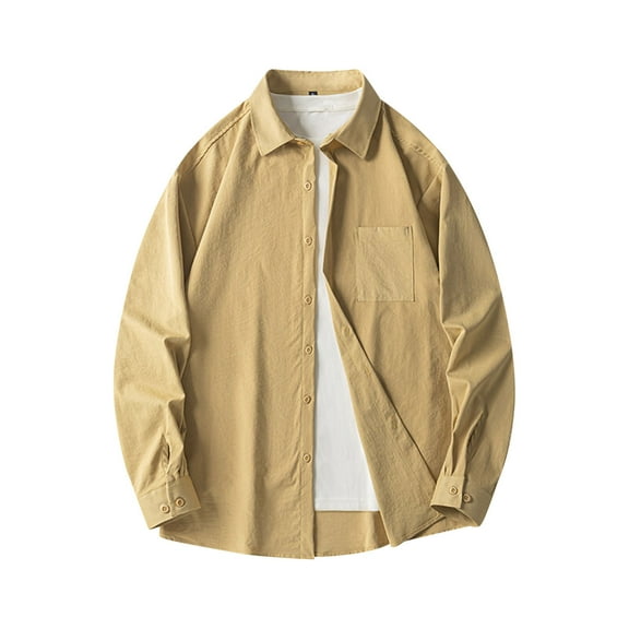 LNWUY Men's Cotton Shirts Long Sleeve Casual Solid Color Formal Shirt Spring Loose Turn-Down Collar Tops with Pocket Yellow M